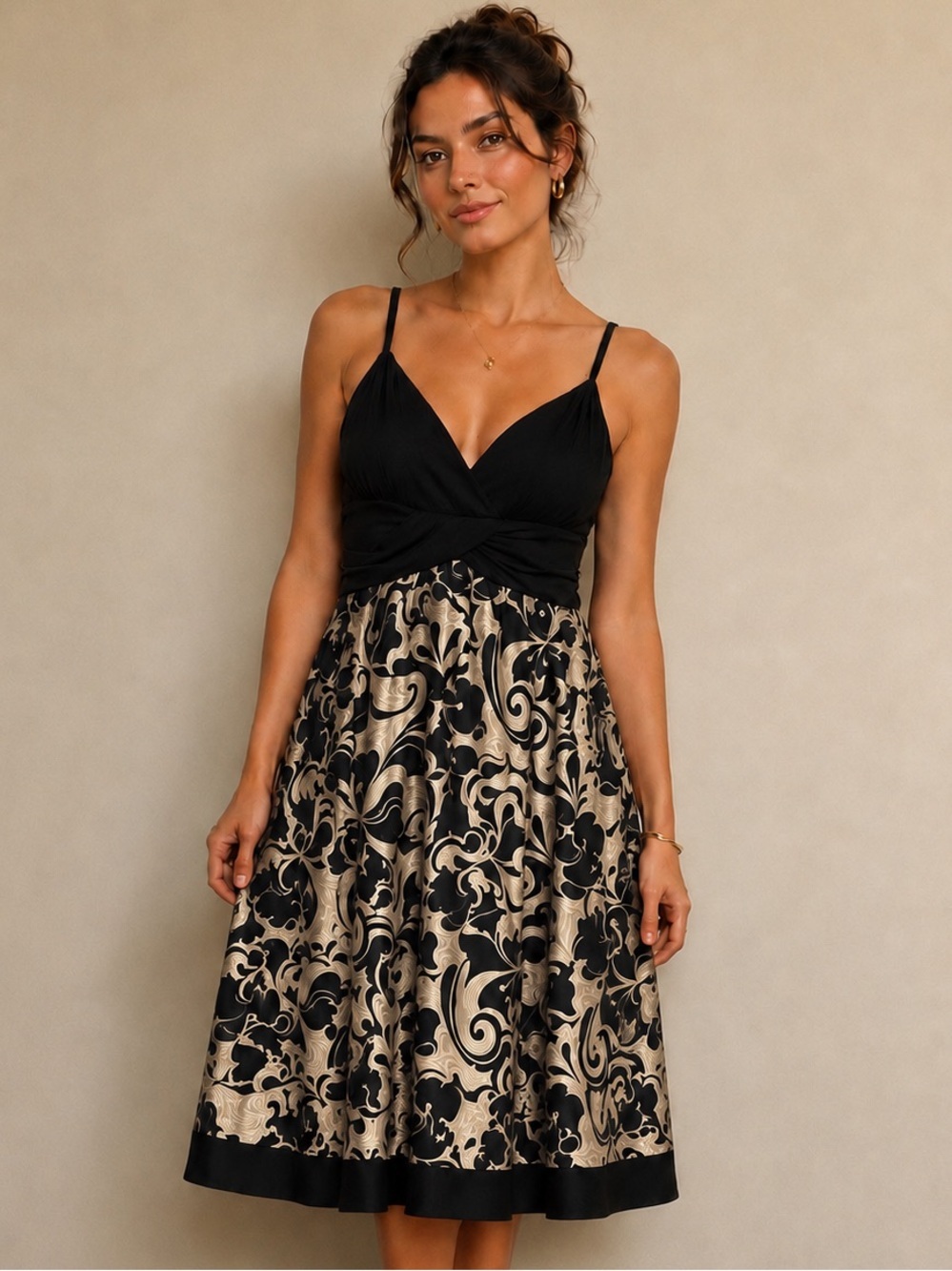 Intrigue Black & Gold Fit-and-Flare Midi Dress